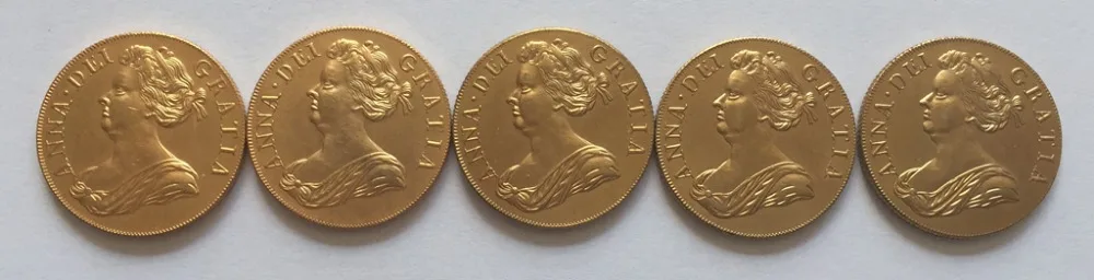

24 - K gold plated <1710-1714> 5 coins United Kingdom 1 Guinea - Anne coins copy