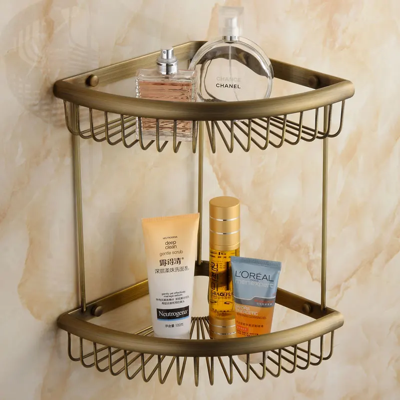 

Fashion antique copper bathroom shelf copper basket vintage double layer corner shelf gy520-2