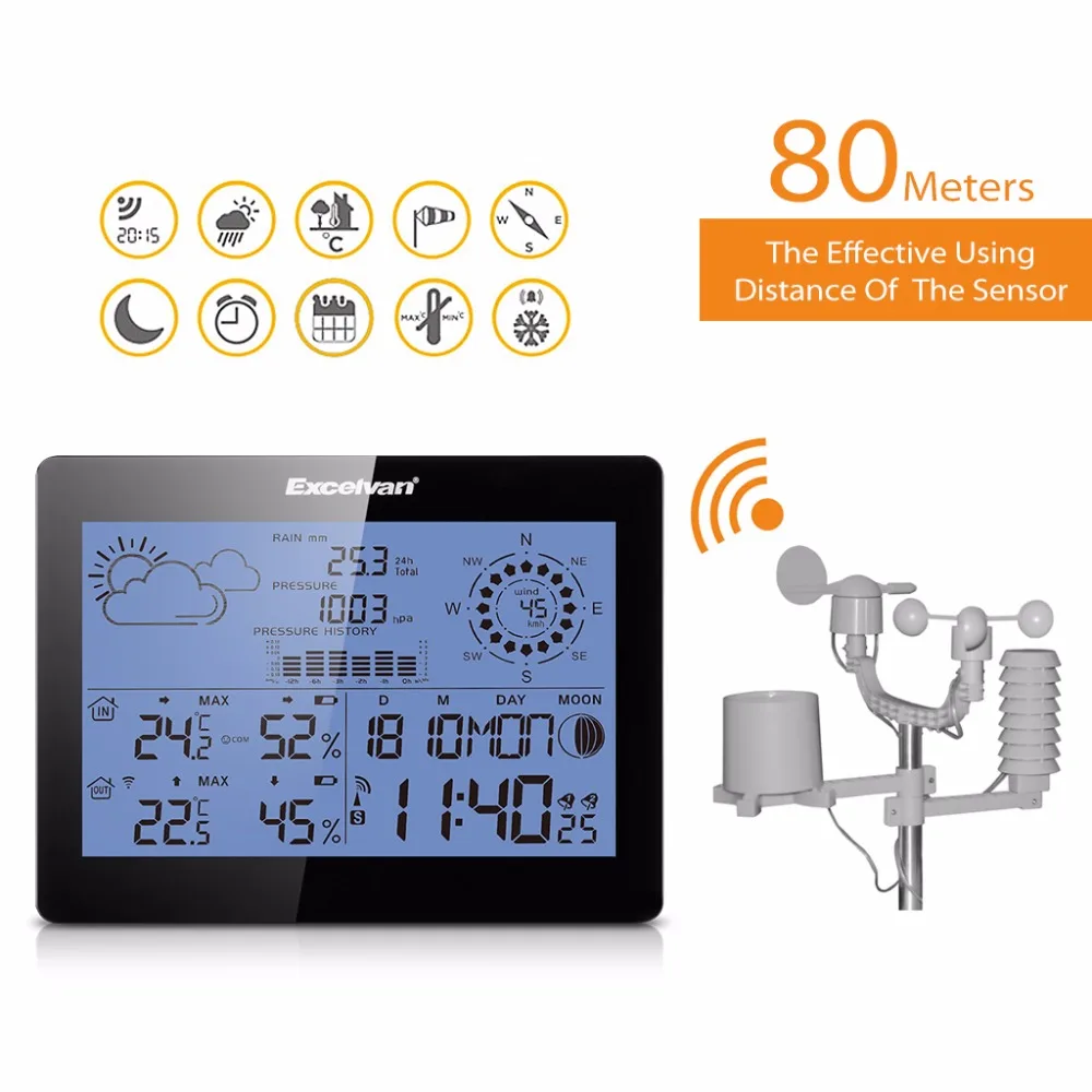EXCELVAN Wireless Weather Station Radio Controlled Clock Weather