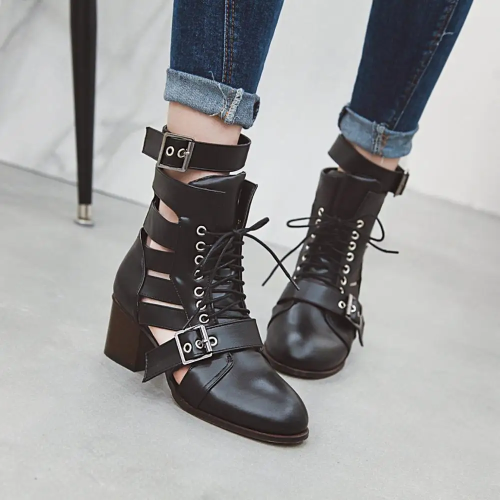 

2019 New Women Gladiator Sandals Pointed Toe Ankle Boots Summer Bootie Gothic Buckle Thick Sole Platofrm Square High Heels Shoes