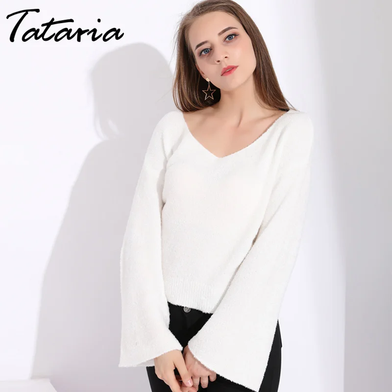 Фото Tataria Women's Knitted Sweater Female Flare Sleeve Women Sweaters And Pullovers Mohair Fashion Cropped White For | Женская одежда