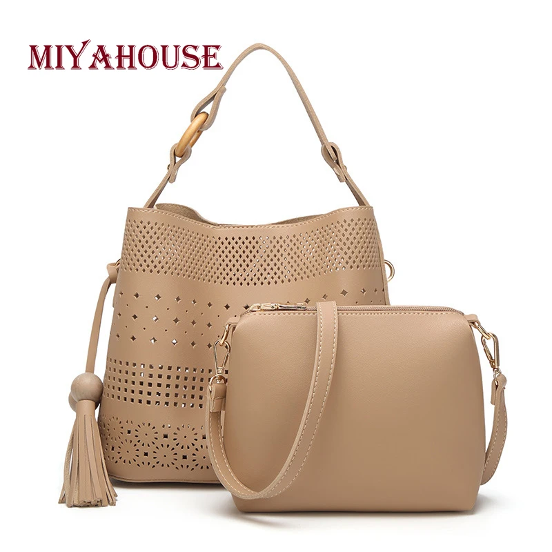 

Miyahouse Fashion Hollow Out Lady Composite Bag PU Leather Solid Color Bucket Handbag Female Vintage Style Shoulder Bag Female