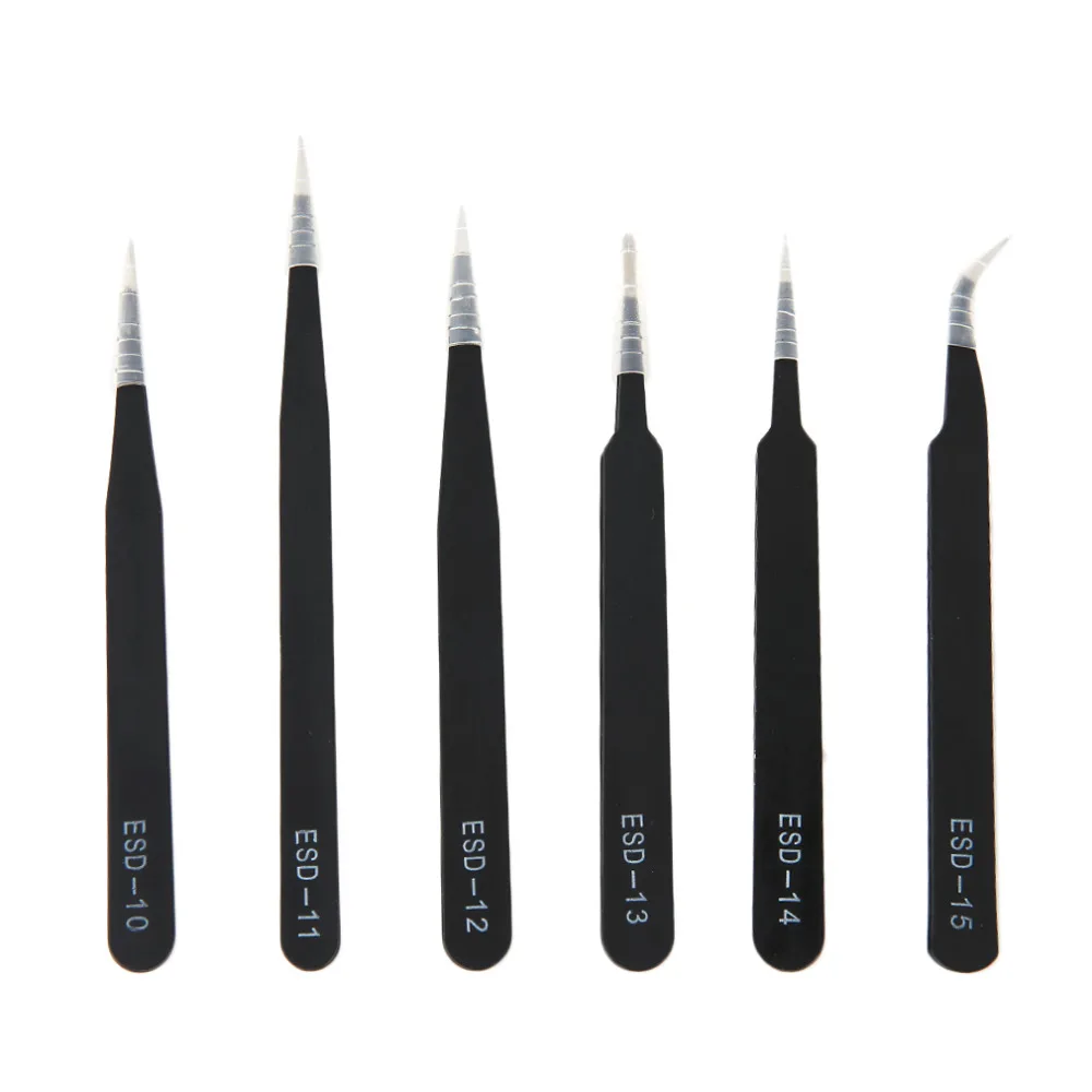 6pcs/set Portable Size Resists Corrosion Anti-static Tweezers For Repairing Electronic Maintenance Tools Black 6pcs/set Portable Size Resists Corrosion Anti-static Tweezers For Repairing Electronic Maintenance Tools Black
