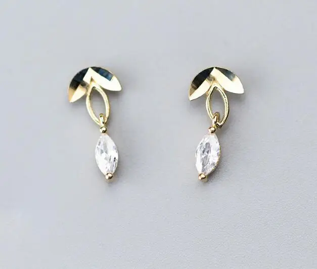 

1pair Women's 100% Real. 925 Sterling Silver Fine Jewelry White CZ Stone branch Leaf Oval Drop Earrings gtle2101