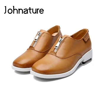 

Johnature 2020 New Spring/Autumn Genuine Leather Round Toe Casual Retro Cow Muscle Zipper Platform Women Shoes Pumps