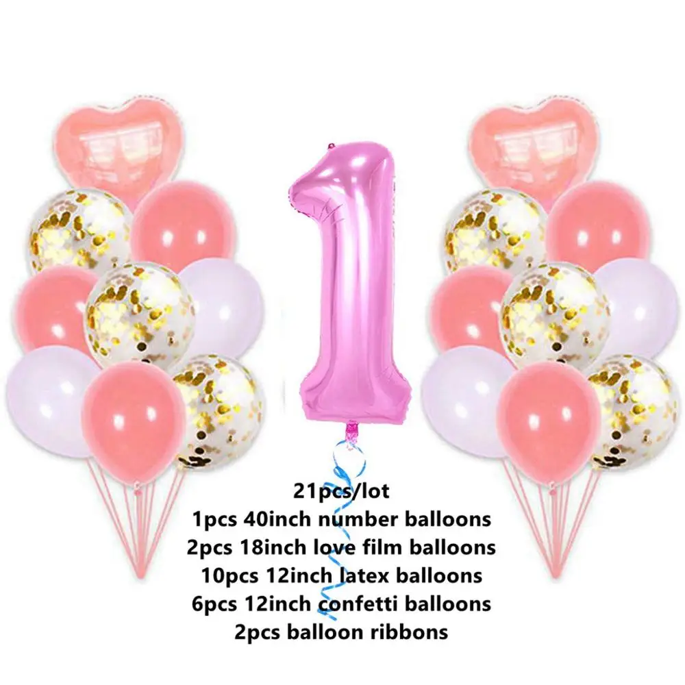 Taoup 19 шт. первый день рождения Balloosn набор 1st Baby Shower номер 1 год латексные шары конфетти Количество шариков Аксессуары - Цвет: Pink Balloons