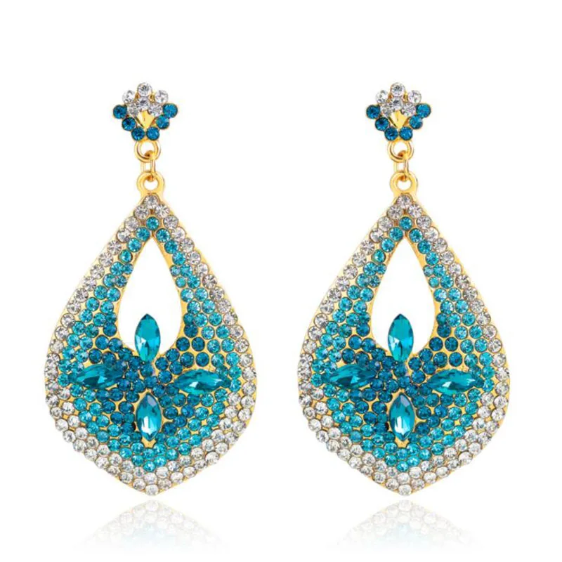 

Trendy White Blue Rhinestone Crystal Flower Earrings New Water Drop Statement Long Earrings Women Wedding Party Jewelry
