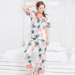 Новый узор спиннинг натуральный шелк пижамы Весна с длинным рукавом Брюки домашний комплект для сна