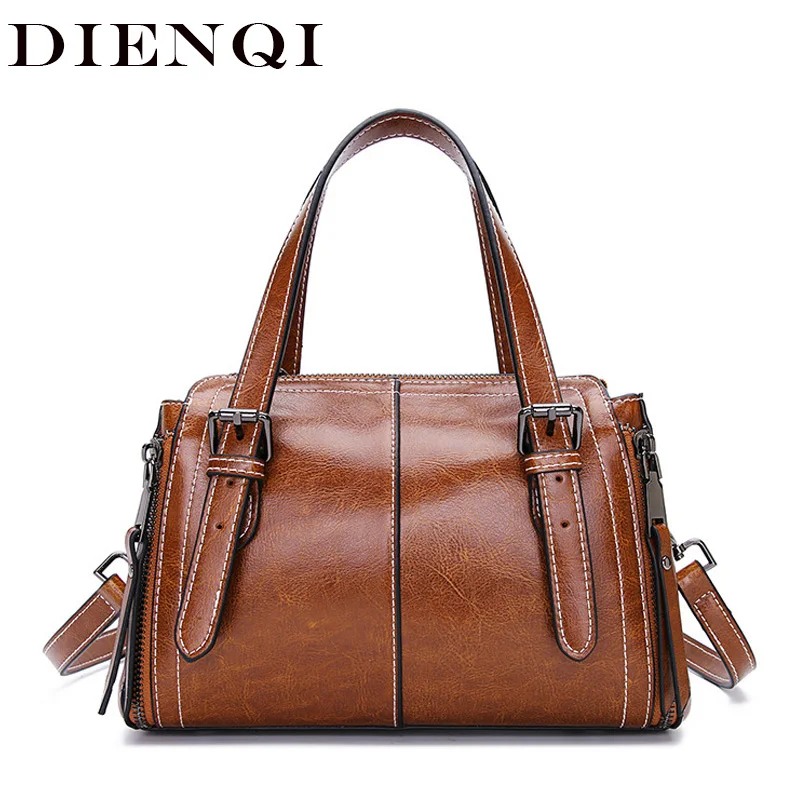 

DIENQI Boston Genuine Leather Messenger Bag Vintage Patent Leather Women Handbags New Arrival Brown Crossbody Bag for Women 2018