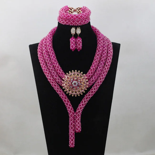 Массивный Африканский Fushia розовый кристалл свадебный ювелирный набор нигерийские бусы индийское ожерелье для невесты Ювелирные наборы ANJ112