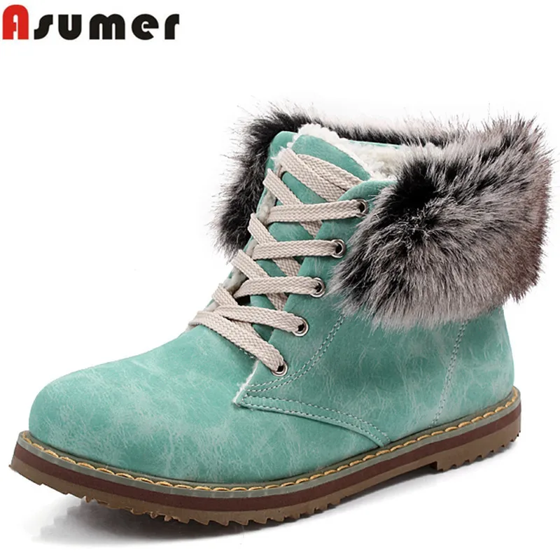 

ASUMER Plus size flats keep warm fur snow boots lace up round toe lovely women ankle boots pink blue beige winter boots shoes
