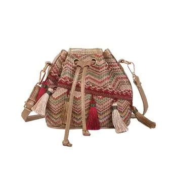 

Bohemian Leisure Ladies Bucket Crossbody Bag Weaving Women Shoulder Bag Drawstring Dumplings Handbag Beach Bag