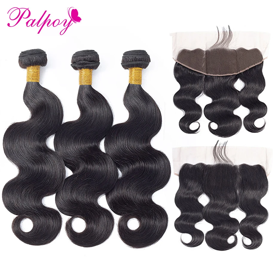 

PALPOY Hair Body Wave Brazilian 100% Human Hair 3 Bundles With 13*4 Lace Frontal Non Remy Hair Extension Natural Color Hair