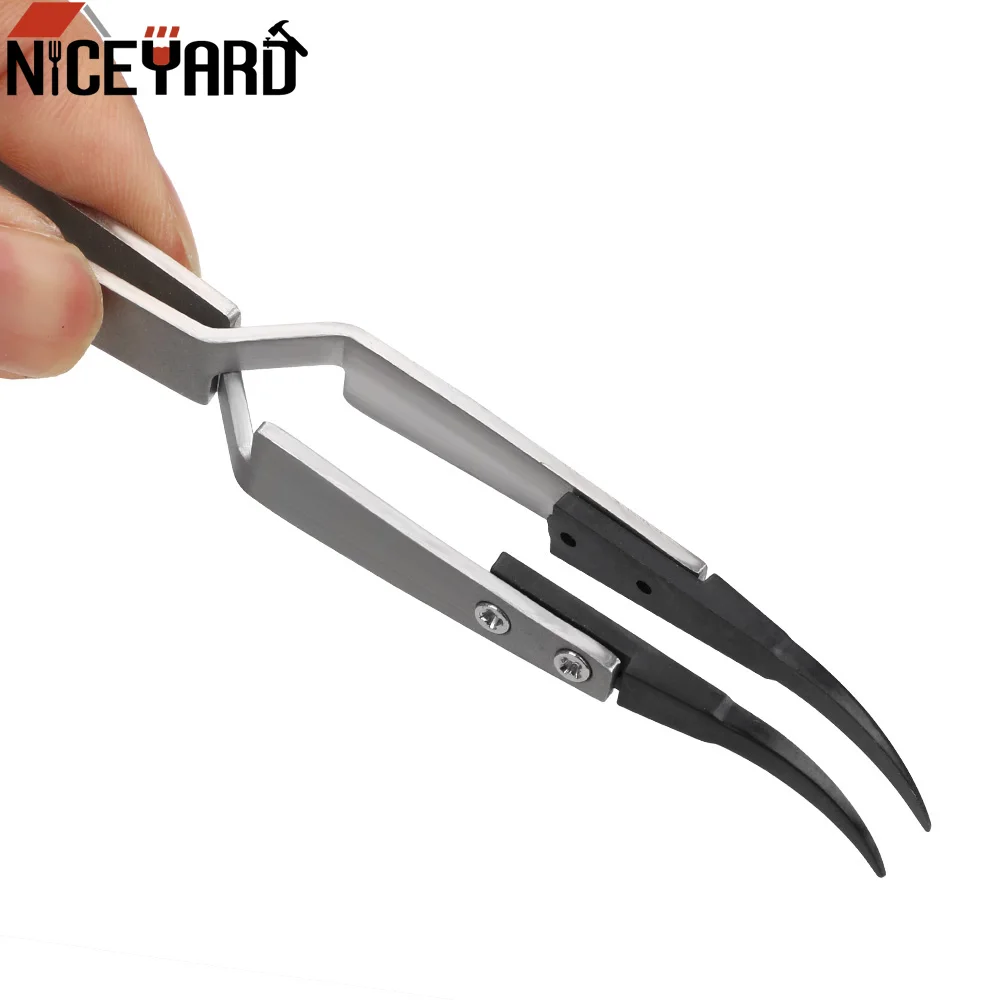 NICEYARD Anti-static ESD Tweezers for Phone Repair BGA Work Reverse Action Tweezer with Curved & Str