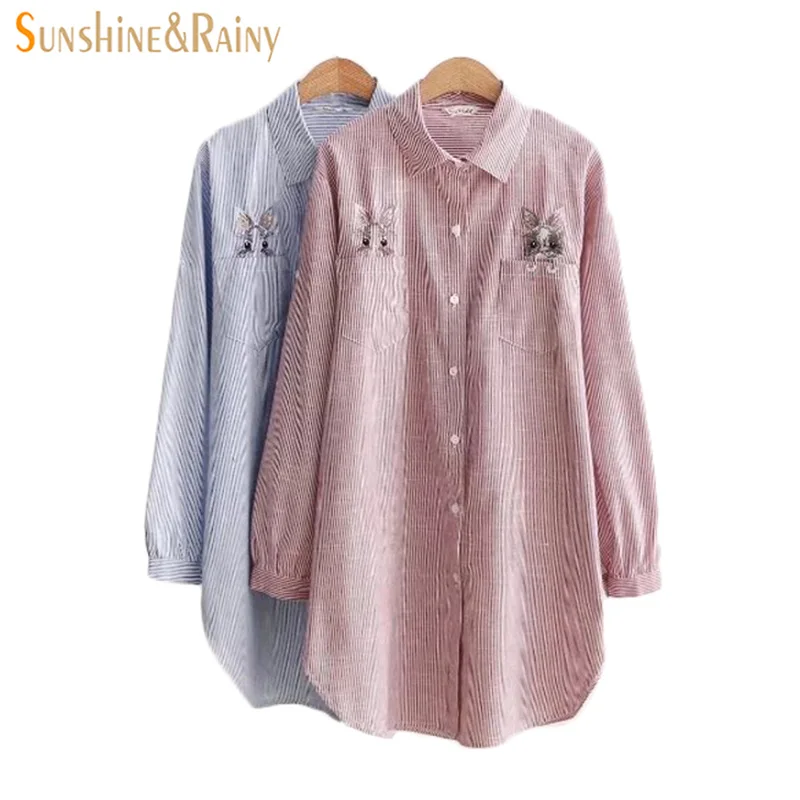 

New Long Sleeved Shirt Dress New Spring Striped Blouse Female Loose Thin Pocket Cats Embroidery Shirt Dress Girl Students