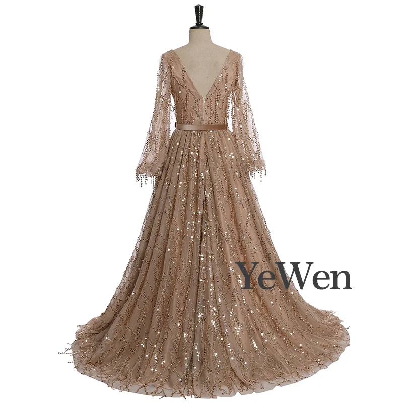 Великолепные вечерние платья цвета шампанского, сексуальное вечернее платье с глубоким v-образным вырезом, с высоким разрезом, с длинным рукавом, с блестками, блестящее вечернее платье с поясом