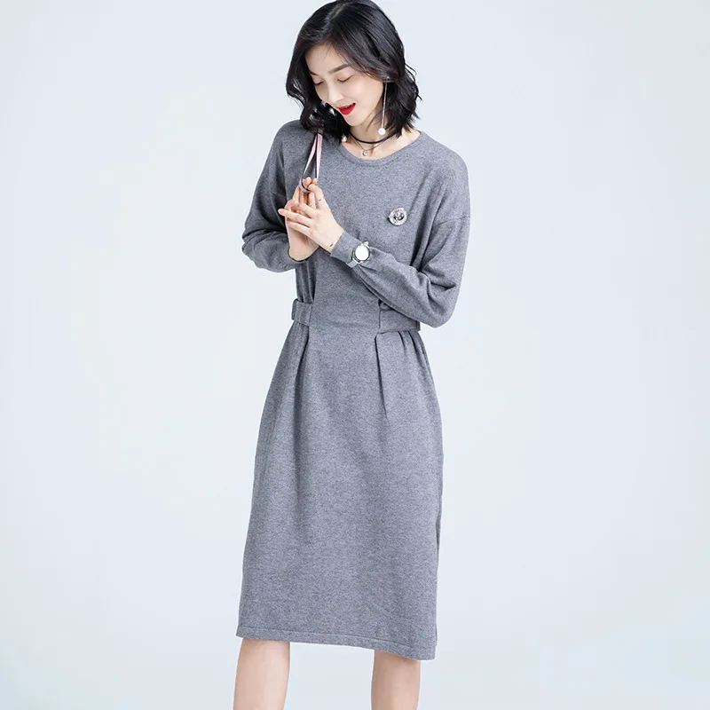 2018 Autumn Winter Office Lady Knitted O Neck Long Sleeve Fashion High Waist 4 Solid Color Women Mid-dress | Женская одежда