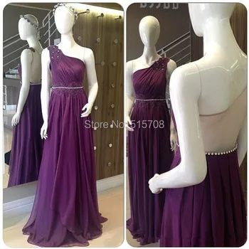 

Elegant Purple Formal Evening Dresses Sheer Back One shoulder Beaded Applique Chiffon Formal Celebrity Party Long Prom Gown