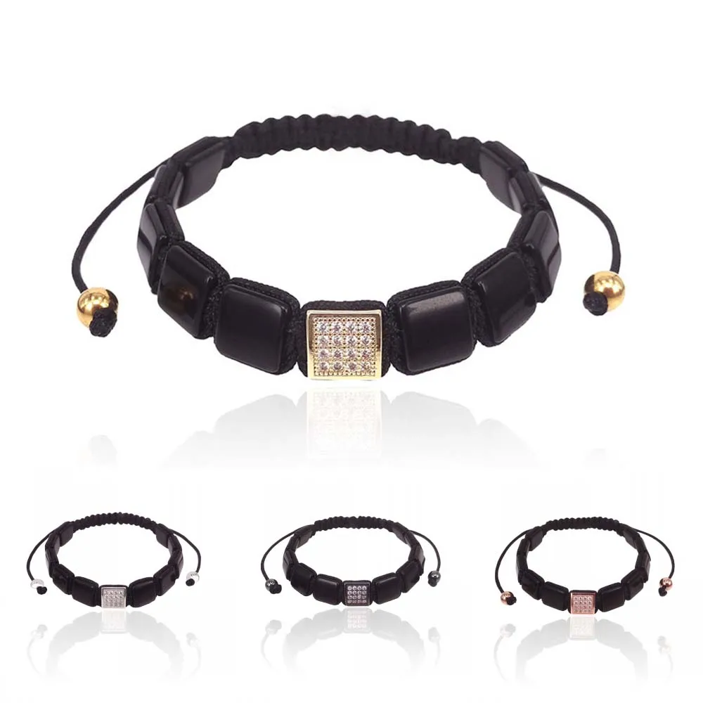 New Fashion Mens Charms Bracelets Natural Black Onxy Agates Stone Flat