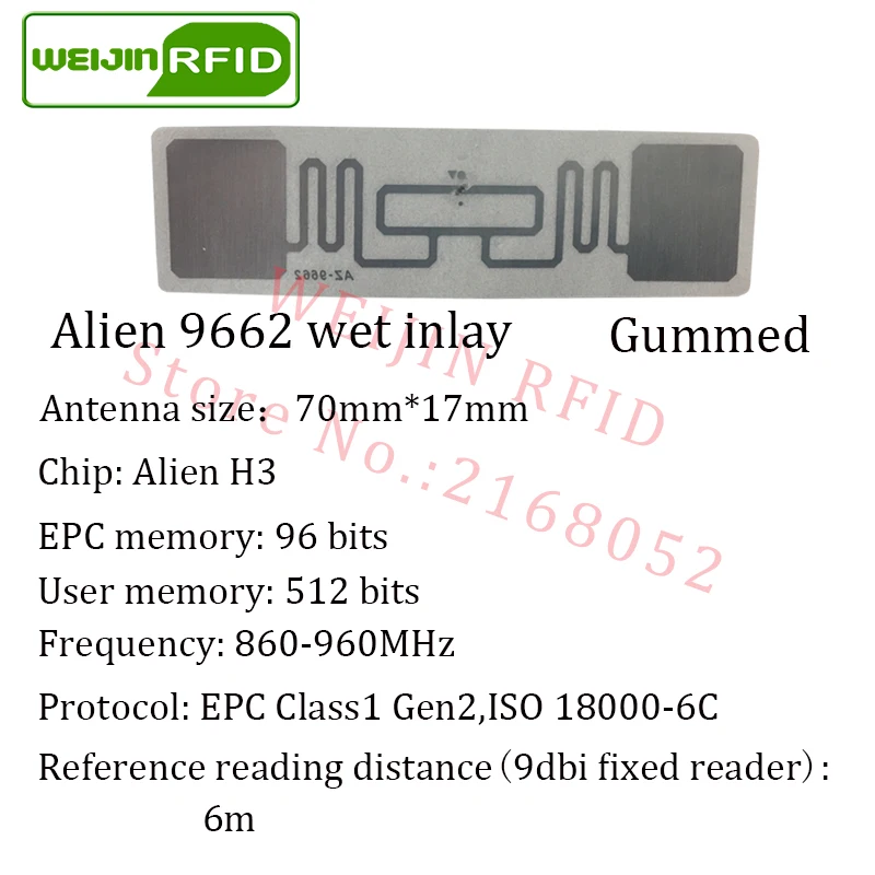 Alien 9662 1000pcs per roll UHF RFID wet inlay 860-960MHZ Higgs3 915M EPC C1G2 ISO18000-6C,can be used to RFID tag and label Alien 9662 1000pcs per roll UHF RFID wet inlay 860-960MHZ Higgs3 915M EPC C1G2 ISO18000-6C,can be used to RFID tag and label