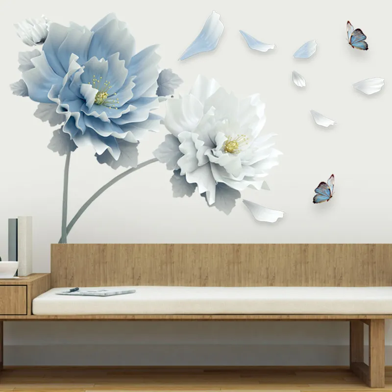 3D Large White Blue Lotus Flower Butterfly Removable Wall Stickers, Wall Art Decals for Living Room and Bedroom Decoration image 4