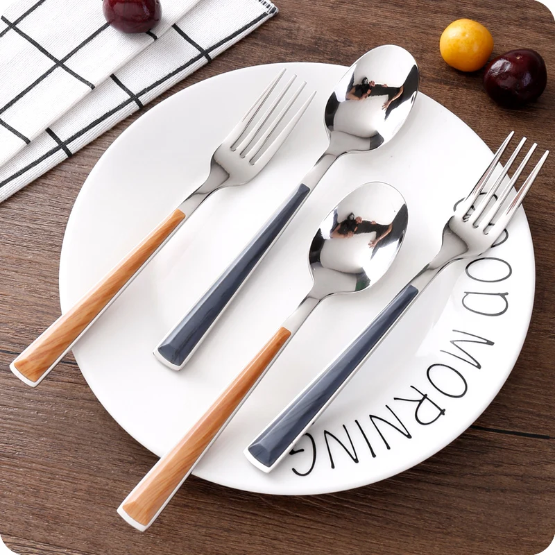 

Imitation Wood Grain Stainless Long-handled Spoon Western Fork Spoon Household Tableware