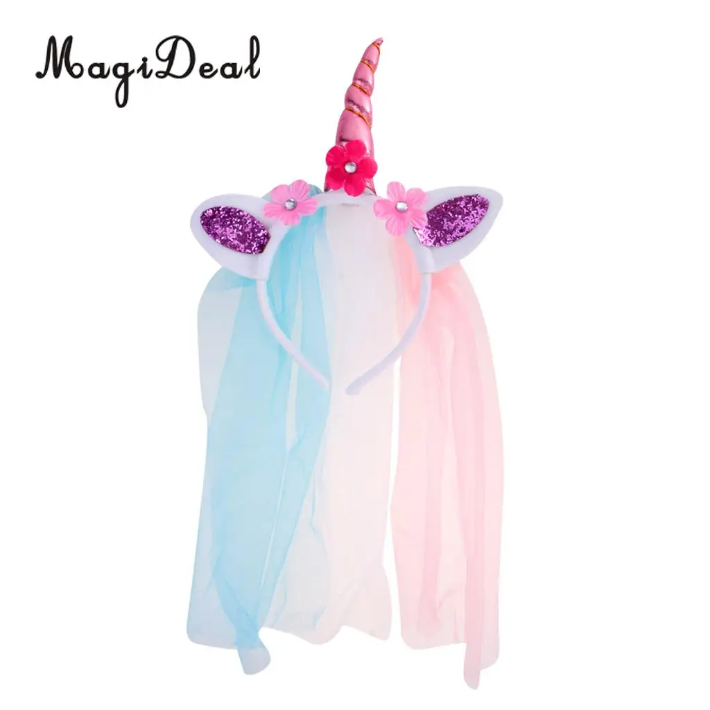 MagiDeal Unicorn Rose Flower Veil Headband Costume Cosplay Party Fancy Dress for Birthday Baby Shower Christmas Halloween Decor