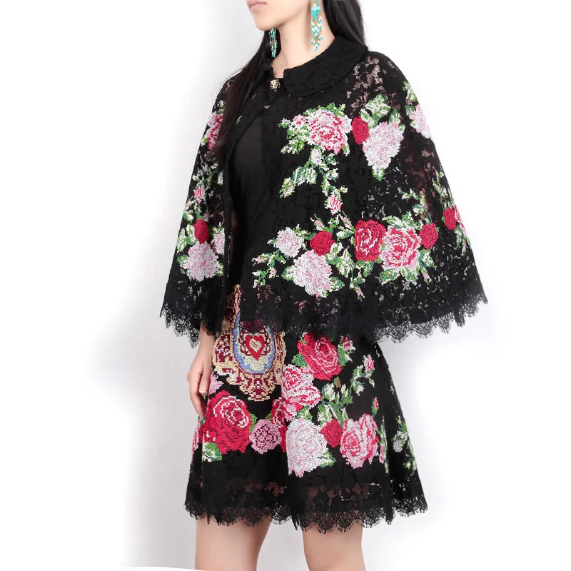 

High quality 2017 autumn women fashion Black embroidery Suit sets Cloak Sleeves tops/coat+Embroidered lace skirt 2 piece set