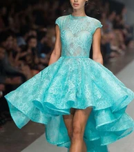 Sexy Vestidos De Festa Spitze Cocktailkleider Grün Spitze Tiered Spezielle Kleider Kappen-hülsen Hallo-Lo Parteikleider D12