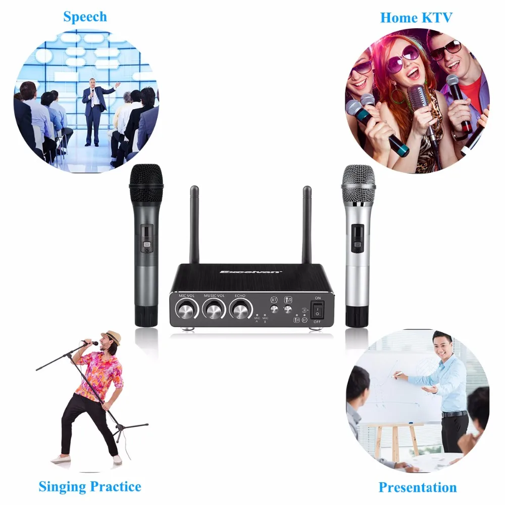 Excelvan K28 беспроводной двухканальный микрофон Регулируемый эхо громкость цифровой низкий уровень искажений для домашней развлекательной конференции