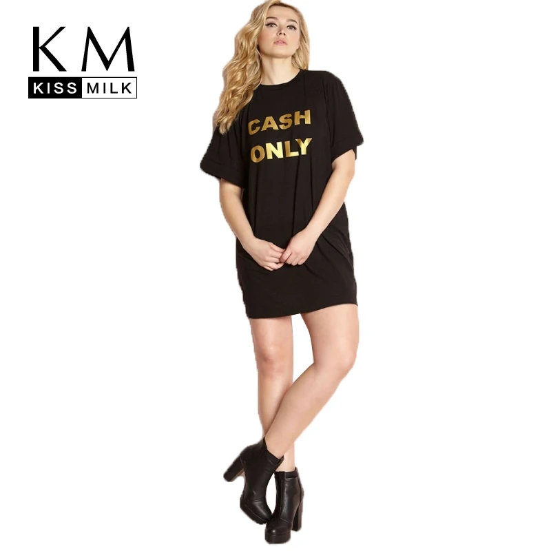 

Kissmilk Plus Size Golden Letter Print O Neck Short Sleeve Shirt Dress Comfortable Solid Black Women Dress Summer Large Dress