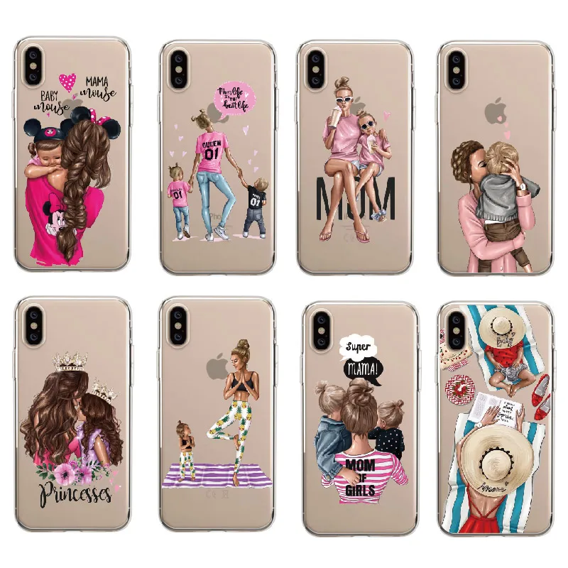 

Cute Baby Super Mom Girls Queen Travel Beach Soft Phone Case For iPhone 5SE 7Plus 7 6 6S 8 8Plus X XS Max SAMSUNG S8 S9 S9Plus