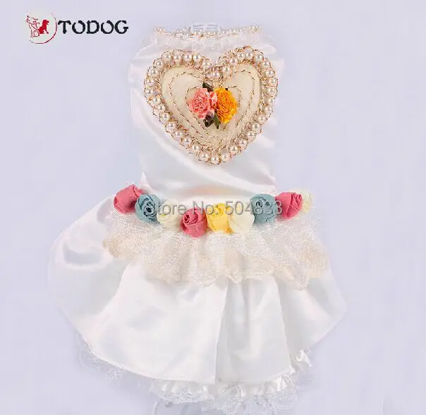 

White Dog Wedding Dress With Pearls Heart Puppy Cat Pets Lace Flower Party Dress XS-XL Cute Pet Clothing