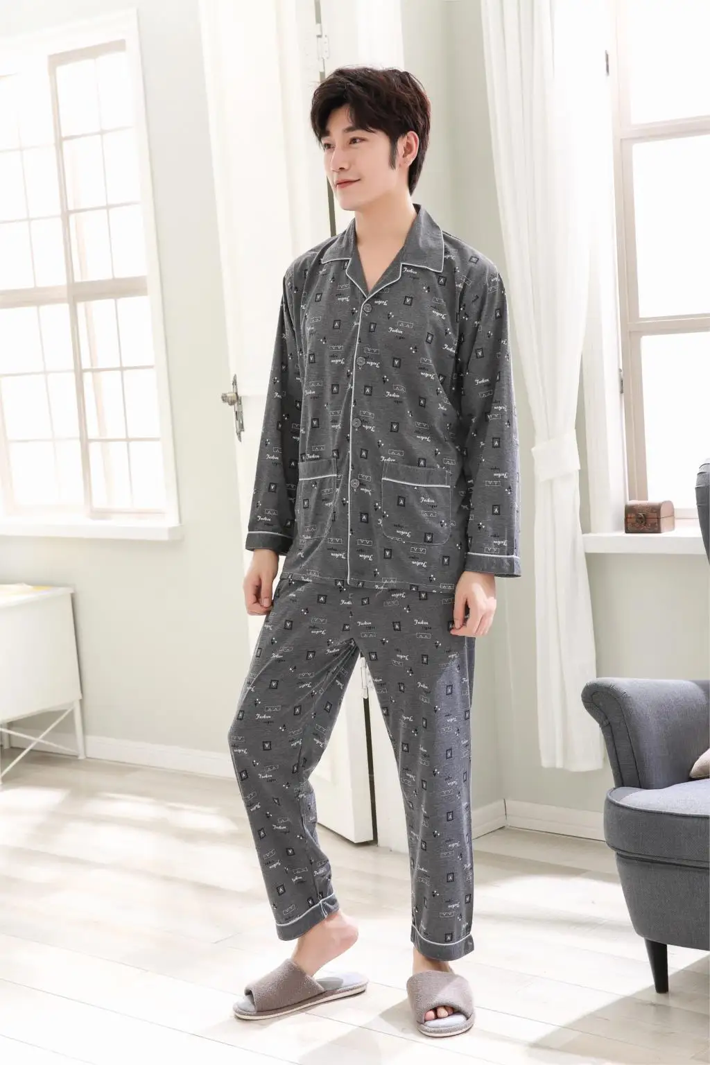 Новые осенние мужские хлопок повседневное плед горошек пижамы для девочек мужской классический с длинными рукавами и отложным воротником