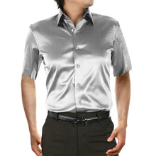 Серебристая шелковая короткая рубашка атласная гладкая Мужская Однотонная рубашка-смокинг деловая Chemise Homme Повседневная облегающая блестящая Свадебная короткая рубашка