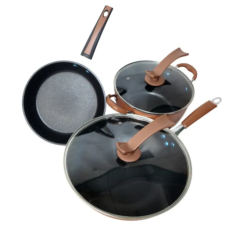 

New Fashion Iron Maifan Stone 3 Pieces Cookware Set with 2 Covers Frying Pan Wok Soup Pot Cooking Tools Set Kitchen Accessories