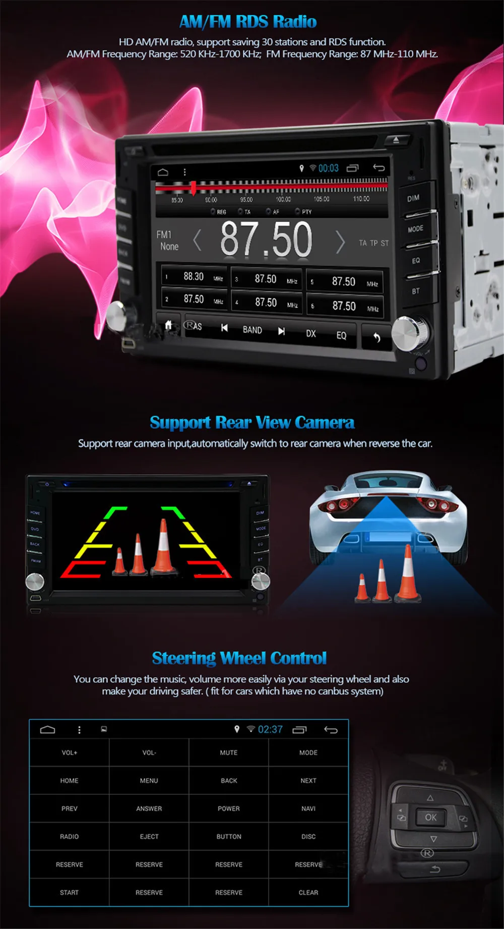 Discount 2 Din Android 9.1 Car DVD Player Universal 2+16G Quad Core Car Radio GPS Navigation Audio Stereo Wifi Touch Screen SWC Head Unit 5