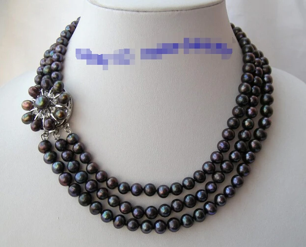 

Free shipping >>>>>>stunning 3rows 8mm round black freshwater pearls necklace g795