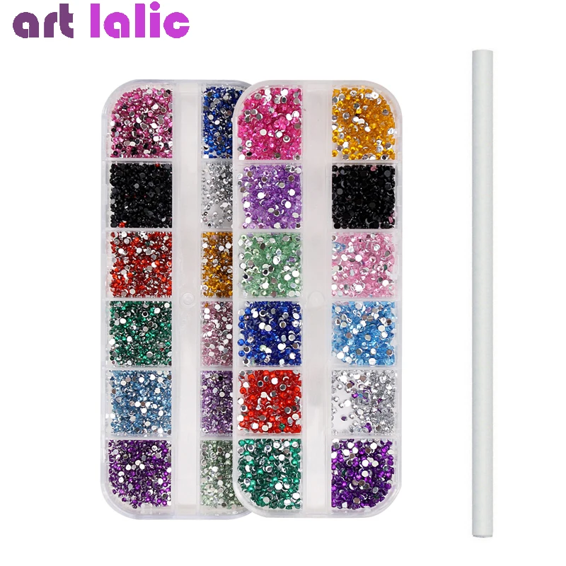

1.5mm+2.0mm Nail Rhinestones with Dotting Pen Flat Bottom Round Colorful Glitters With Hard Case DIY Nail Art Decorations