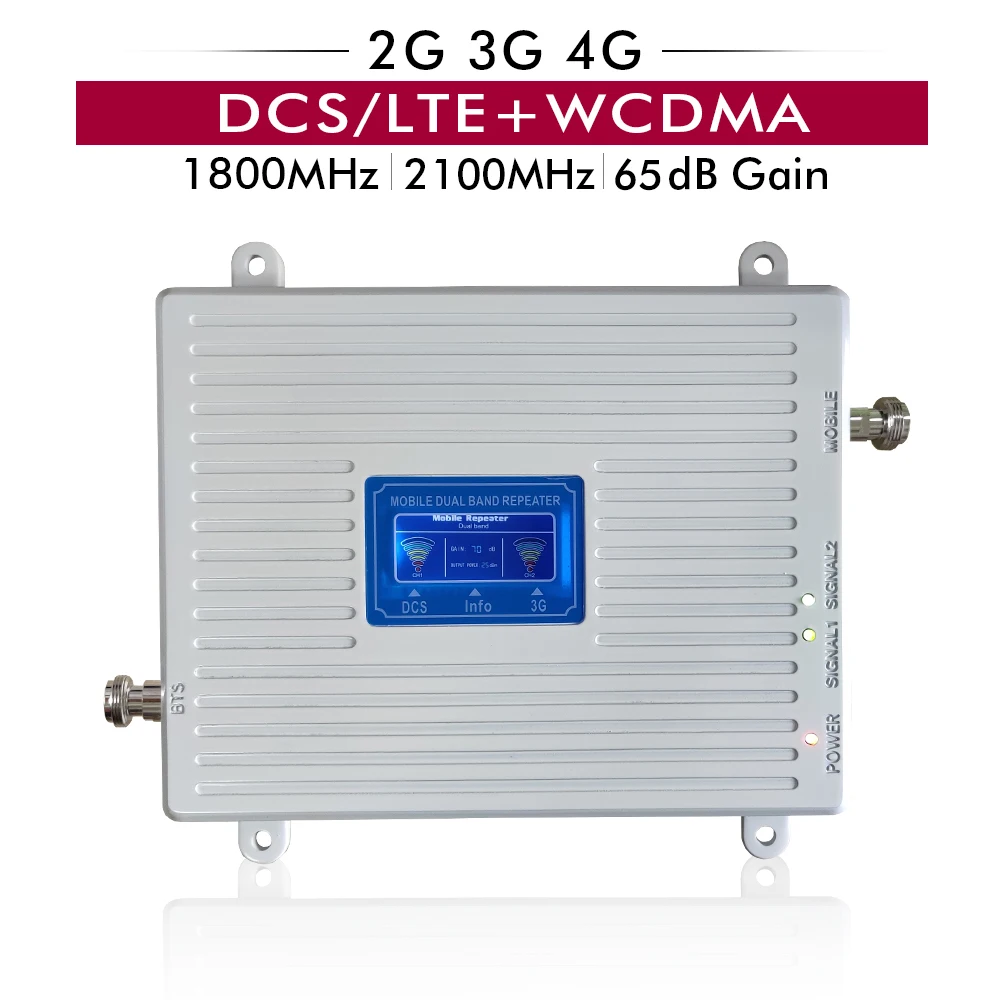 

65dB Gain 4G DCS/LTE 1800 (Band 3)+3G UMTS WCDMA 2100 (Band 1) Mobile Phone Signal Booster Dual Band Cellular Repeater Amplifier