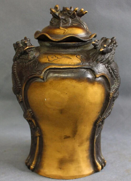 

JP S0606 8" Chinese Bronze 3 Fly Dragon Head Statue Tibet Buddhism Wealth Box Pot Jar