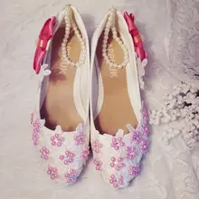 Розовый жемчуг шнуровка женская обувь ручной работы дизайнера сладкий Новое поступление невесты свадебные туфли с цветочным узором для девочек выпускных вечеров платье обуви