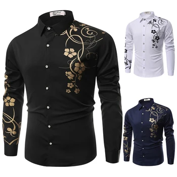 

New 2017 Spring Men Casual Shirts Fashion Long Sleeve Brand Printed Button-Up Formal Business Polka Dot Floral Men Dress Shirt