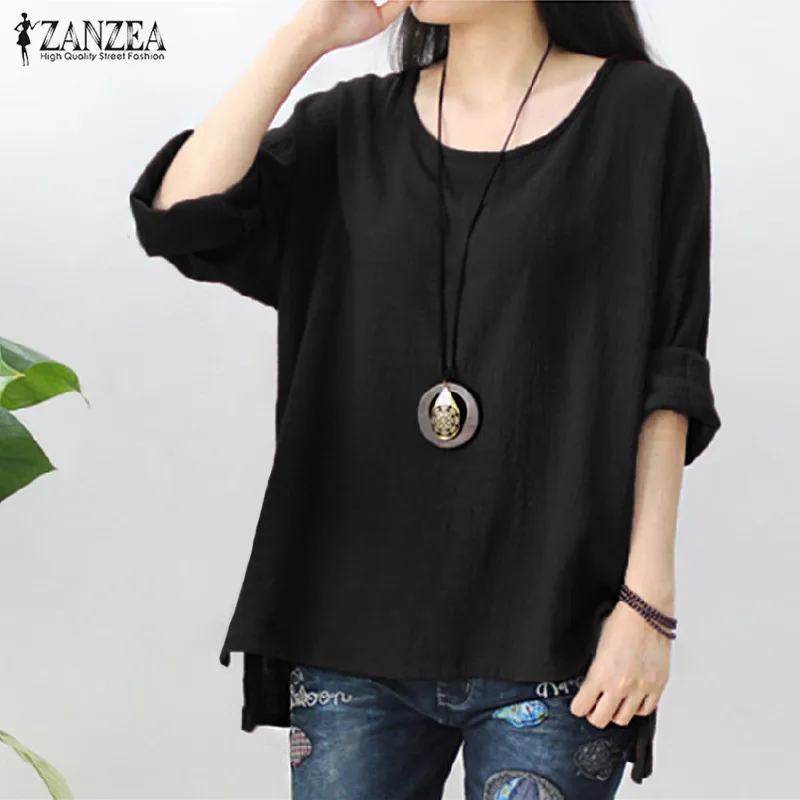 

Top Blusas ZANZEA 2019 Women Long Sleeve Casual Baggy Cotton Linen Tops Solid O Neck Oversized Shirt Blouses S-5XL Plus Size