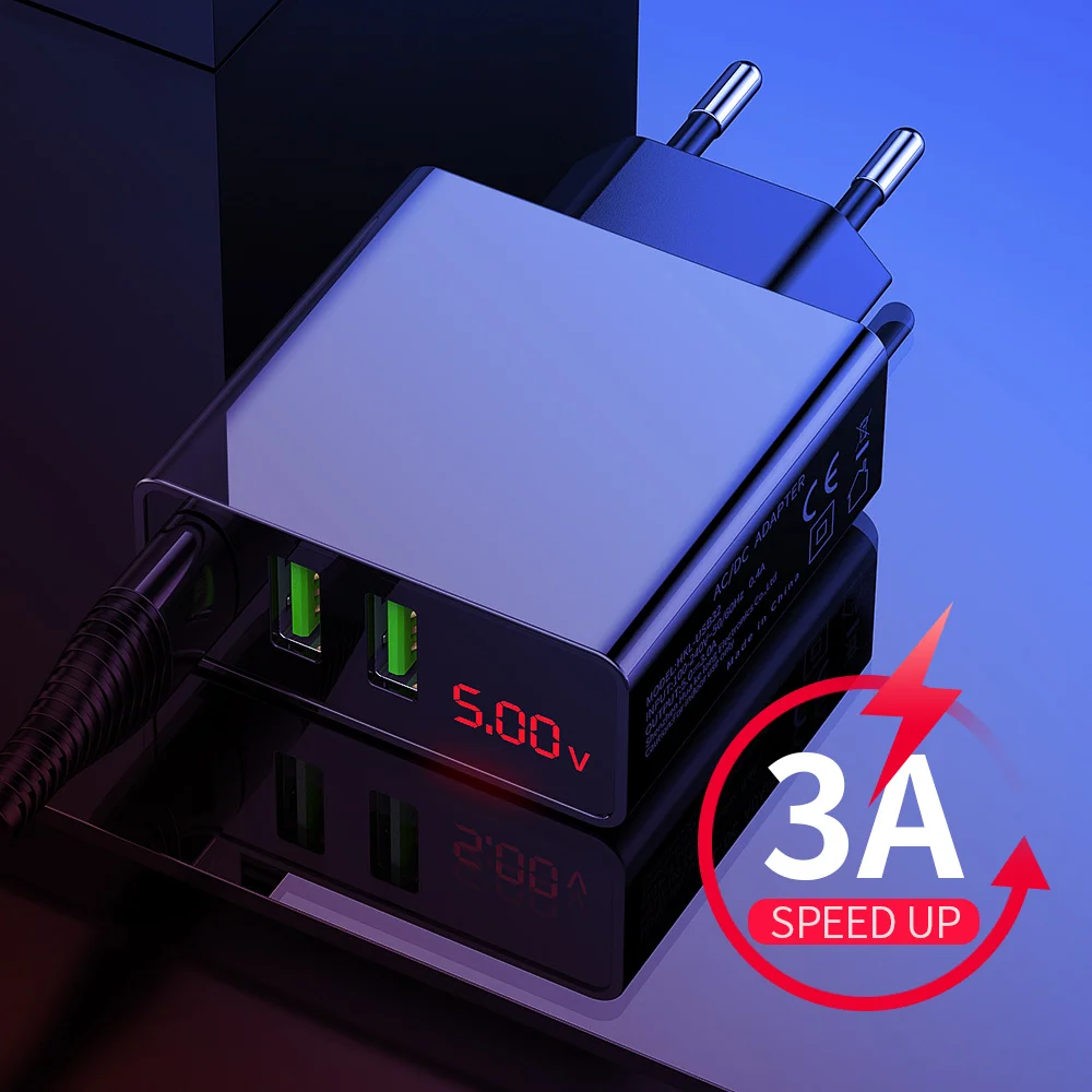 ROCK 3A LED Display EU 3 USB Charger Universal Mobile Phone USB Charger Fast Charging Wall Charger For iPhone Samsung Xiaomi