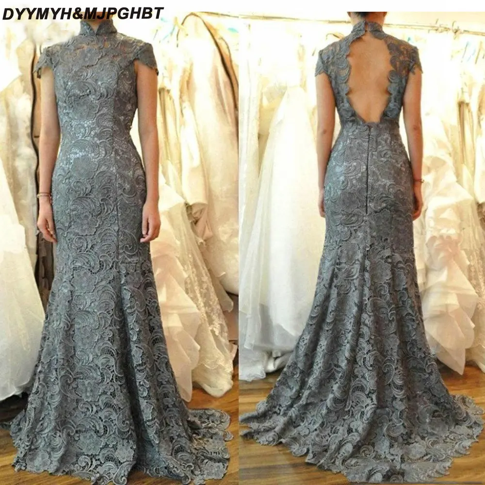 Modest Gray Lace Mermaid Mother Of The Bride 2019 Short Sleeves High Neck Long Prom Gowns Open Back Vestido De Madrinha_