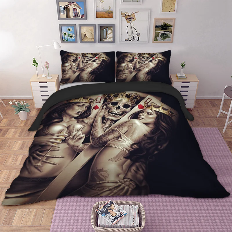 

Wongs bedding poker Q skull beauty dance duvet cover Bedding set quilt Cover Bed Set 3pcs 2018