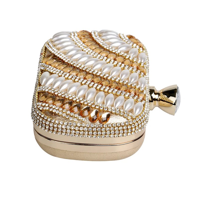 Luxy Moon Rhinestone and Beads Embellished Gold Clutch Bag Side View