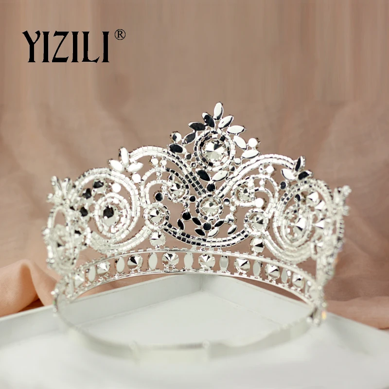 YIZILI New European Big Bride Wedding Crow AB Full Diamond Crystal Large Round Queen Crown Wedding Hair Accessories paty C060