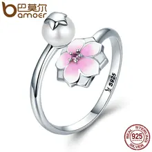 BAMOER 100% Plata 925 Flor de Magnolia, pálido Color Cereza Esmalte Anillos Abiertos para Las Mujeres Joyería de Plata Esterlina SCR126